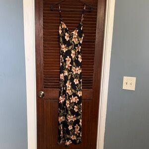 mahina Black Maxi Slip Dress with Peach Floral Print